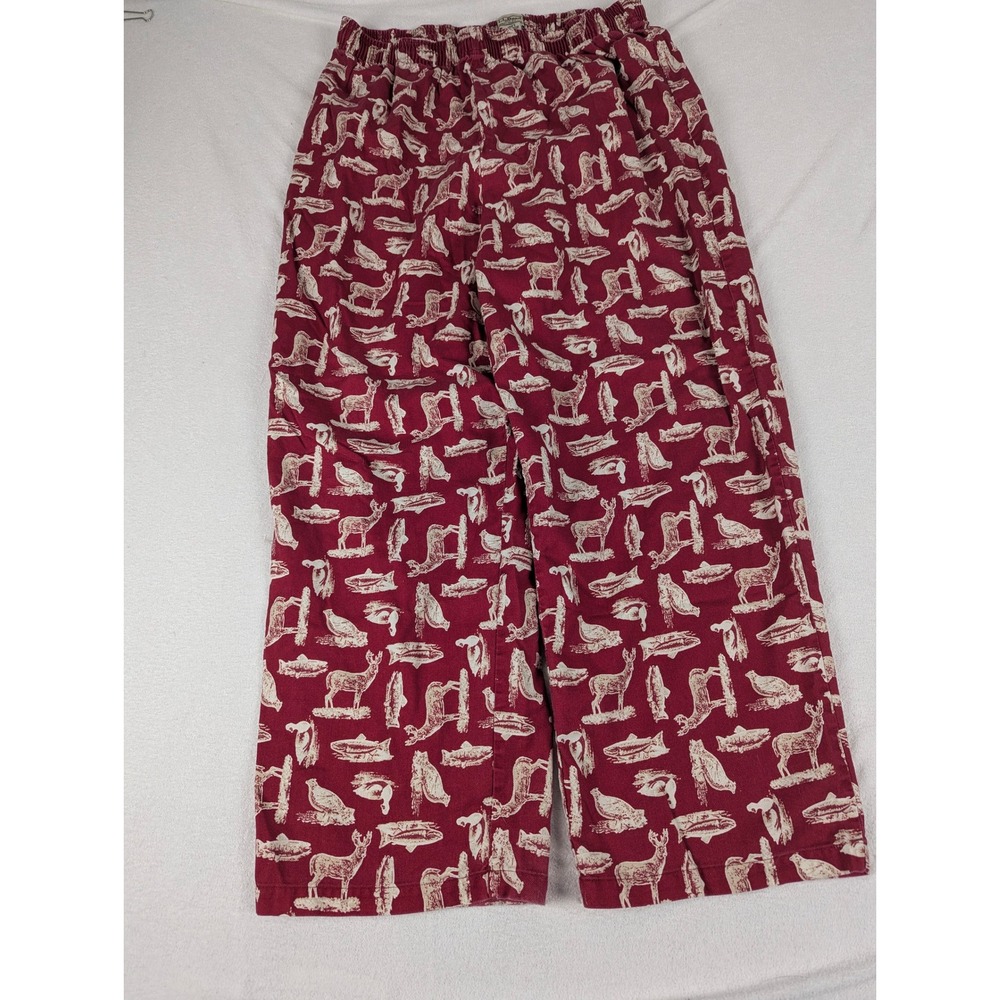 LL Bean Mens Pajama Pants Red Cotton Wildlife Print Deer Fish Lounge LG REG - Picture 3 of 12
